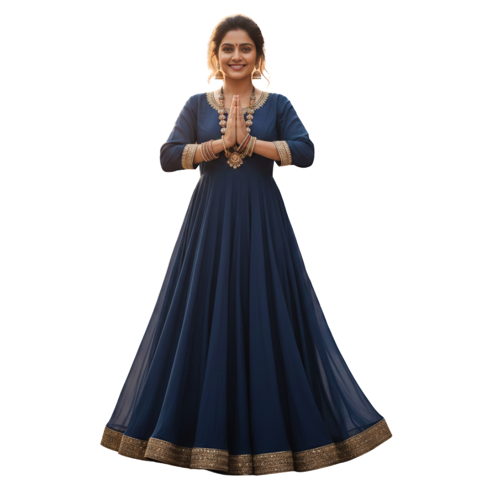 Female character in namaste pose