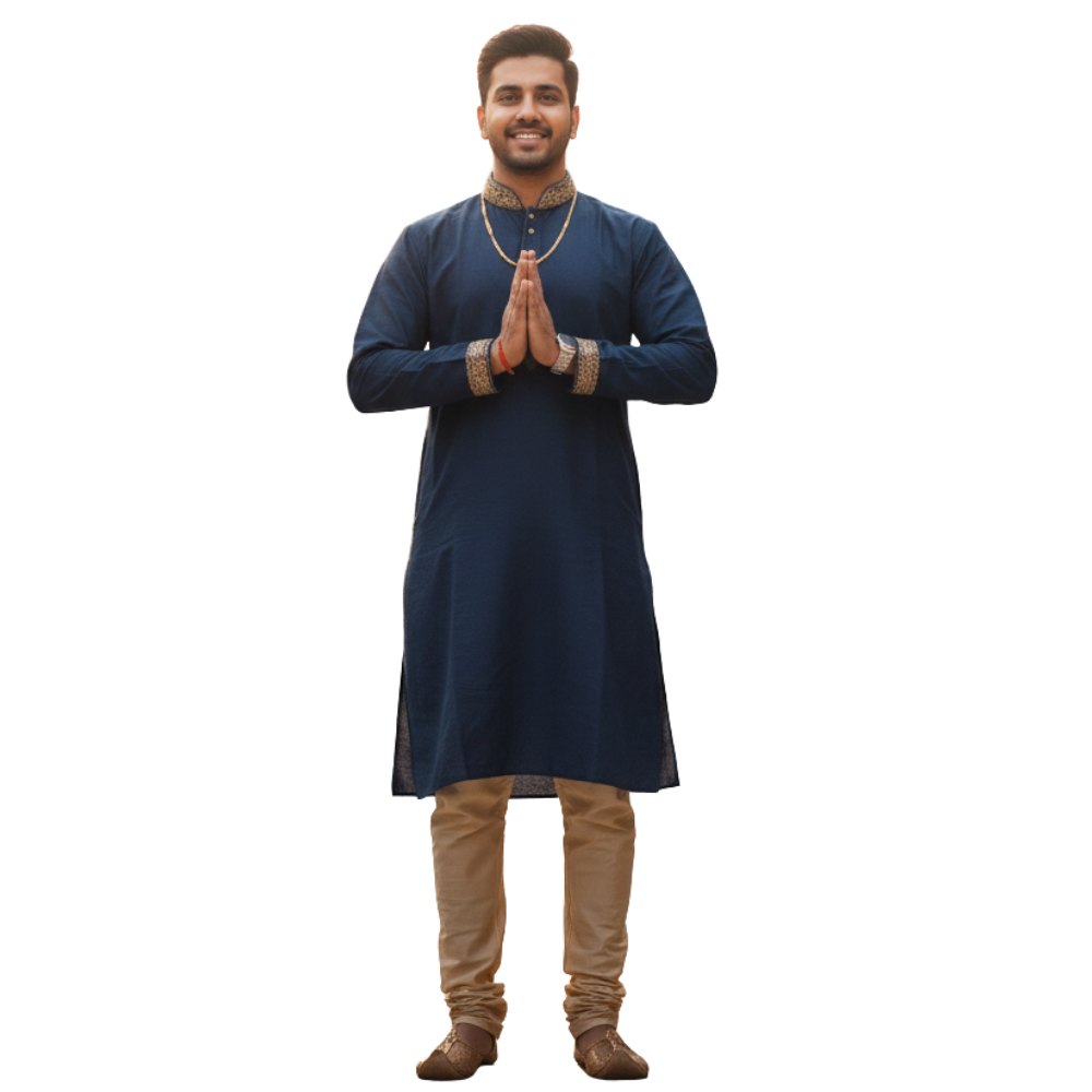 Male character in namaste pose